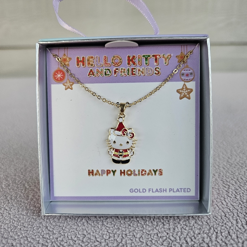 Hello Kitty Santa Christmas Charm Necklace Gold Flash Plated 16 inch 3 In Ext